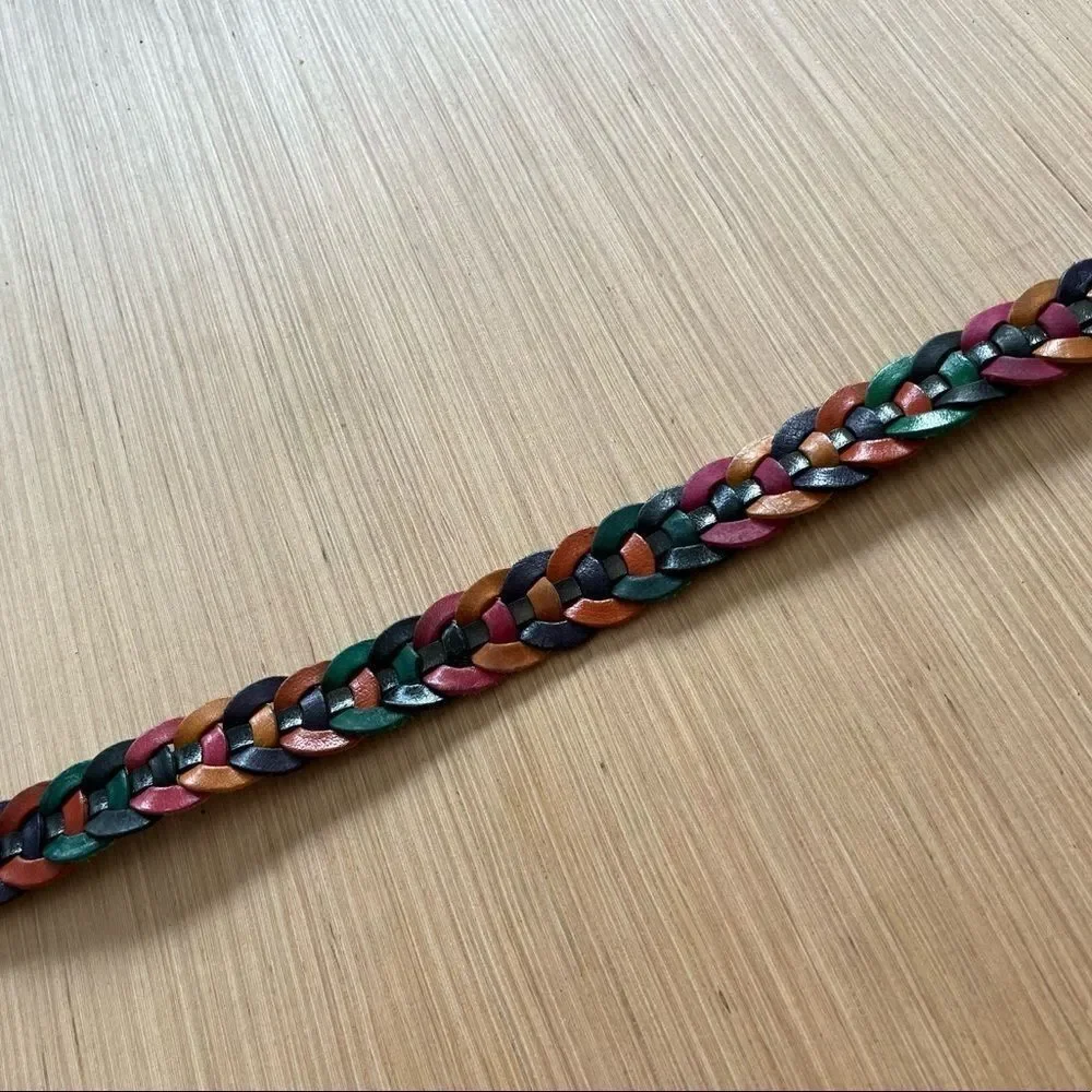 Vintage Black Leather Braided Colorful Belt